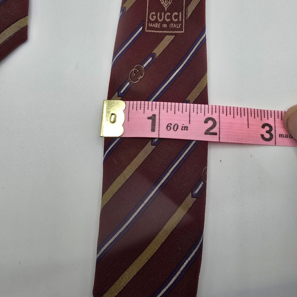 Vintage Silk Gucci Burgundy Tie with Gold and Blue Stripes - Picture 8 of 11